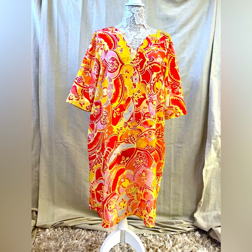 Colorful (orange, yellow, red, pink) mini caftan with pockets, sz L